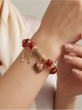 Artisan Gold-Tone Carnelian Beaded Cloisonné Heart Charm Bracelet